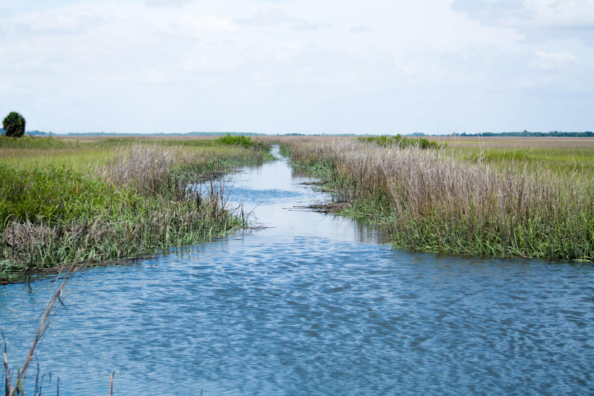 A narrow water channel flows through a marsh, bordered by tall grasses on both sides, under a cloudy blue sky. The landscape gives a sense of peacefulness and openness.