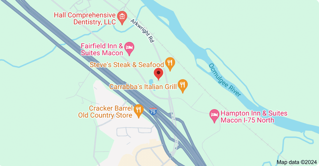 Map showing a section of I-75 near Macon, Georgia, highlighting locations like Carrabba's Italian Grill, Cracker Barrel, Steve's Steak & Seafood, Hall Comprehensive Dentistry, and nearby hotels Fairfield Inn & Suites and Hampton Inn & Suites.