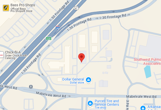 Map highlighting a location on I-30 Frontage Road near Dollar General and Chick-fil-A. Nearby roads include Mabelvale West Road. Surrounding businesses include Bass Pro Shops and Purcell Tire and Service Centers.