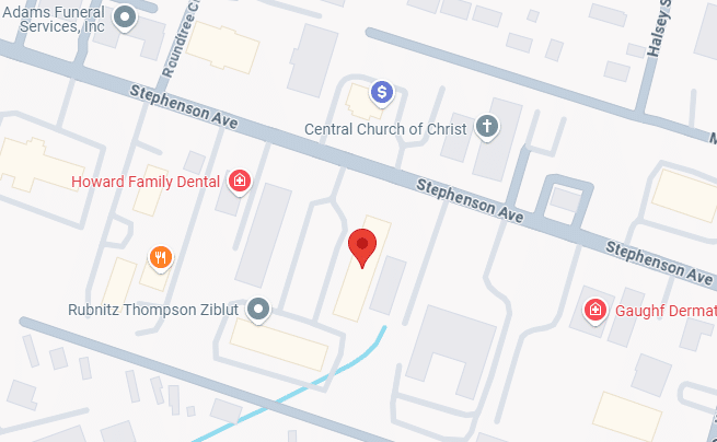 Map view showing Stephenson Ave with markers for various locations. Key places include Central Church of Christ, Howard Family Dental, Adams Funeral Services, Rubnitz Thompson Ziblut, and Gaughf Dermatology. Roads and buildings are labeled.