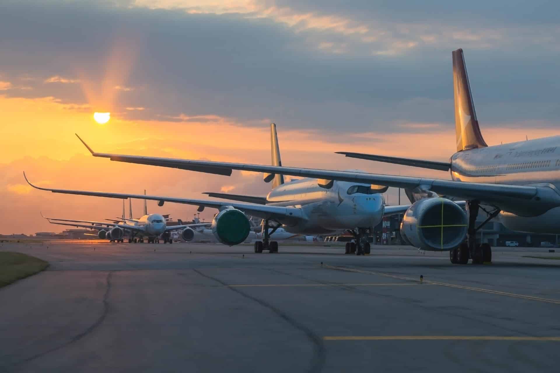 Airplanes are lined up on a runway at sunset. The sky is a mix of orange and blue hues, with the sun partially obscured by clouds. The tarmac is empty except for the queued planes, ready for departure.