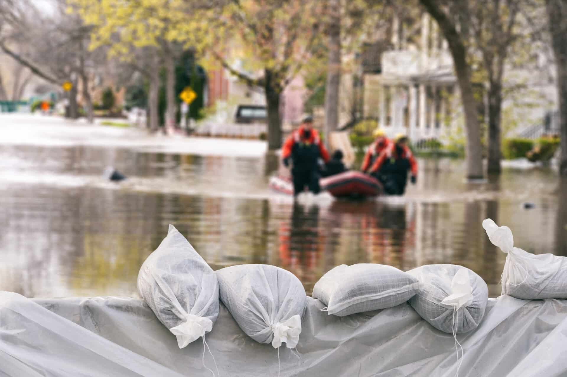 A row of sandbags is placed on a barrier in the foreground, while people in red life jackets navigate a small boat through a flooded residential street in the background. Trees and houses line the flooded area.