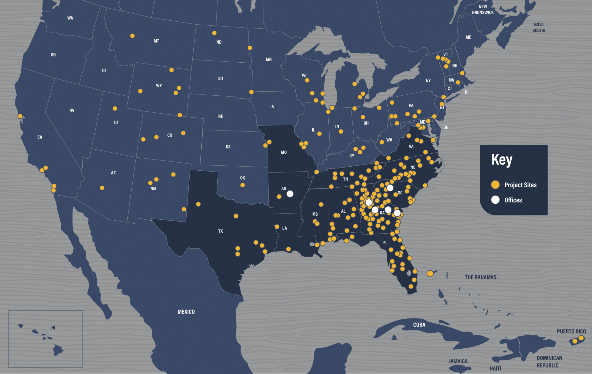 A map of the southeastern United States showing locations of project sites and offices. Yellow dots represent project sites, and white circles represent offices. The map covers states from Texas to the Atlantic Ocean and north to Iowa and Virginia.